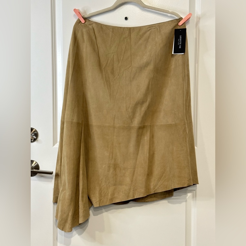 Lafayette 148 Womens Dune Tan Suede Brown Leather Asymmetrical Hem Skirt Size 14